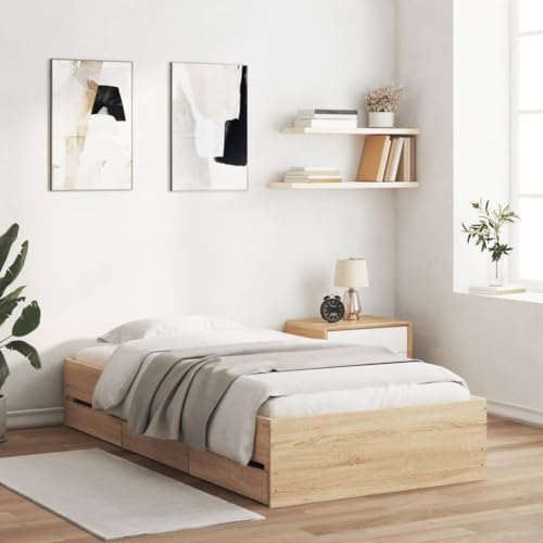 vidaXL Bettgestell, Bettrahmen mit Lattenrost, Bett Gästebett mit Schubladen, Einzelbett Schlafzimmerbett Schlafzimmermöbel, Sonoma-Eiche 90x200cm...