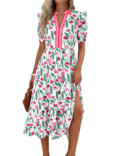 Image of Wenrine Womens Summer Floral Puff Short Sleeve V Neck Flowy Midi Dress | Casual,Ruffle Sleeve,Empire Waist,Swing,Boho,Beach,Vacation,Maxi Dress,with Pockets