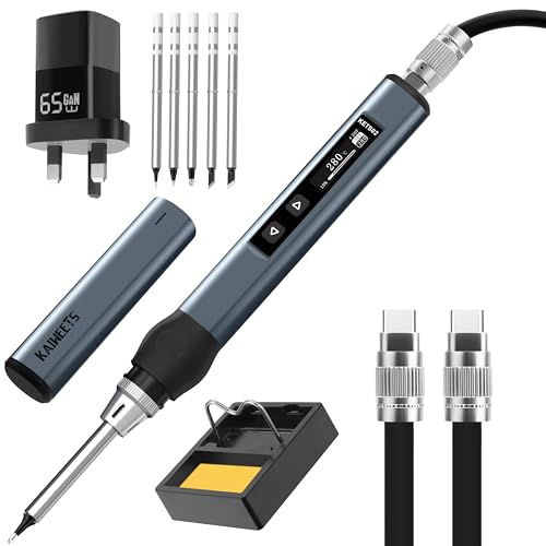 KAIWEETS 65W USB C Soldering Iron, Solder Iron Set Aluminum, Temperature Adjustable 80-420°C, Portable Soldering Iron with Smart Digital Screen, 65W GaN Charger, USB C Cable and 5 Soldering Tips