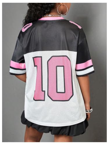 Image of RoseSeek Girl's Oversized T Shirts Letter Number Mesh Jersey Tops Short Sleeve V Neck Drop Shoulder Tees