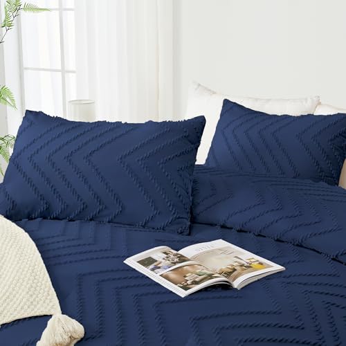 Image of Andency Navy Blue Comforter Set King Size, Boho Soft Warm Tufted Bedding Comforter Sets for King Size Bed, 3 Pieces Aesthetic Chevron Farmhouse Cute Bohemian Textured Bedding Set