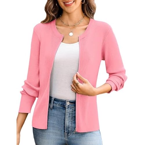Totatuit Women's Long Sleeve Zip Up Sweater Lightweight Cardigan Crew Neck Tops Zipper Knitted Jacket Large Pink