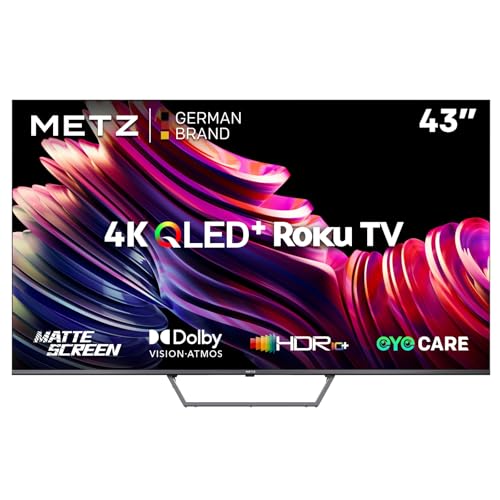 METZ Blue Roku TV, QLED 4K Smart TV 43 Zoll, 109cm, Fernseher mit Blendfreier Bildschirm, Dolby Vision, HDR10, HLG, DTS Studio, Triple Tuner DVB-T/T2/C/S/S2, WLAN, LAN, HDMI, USB, 43MQE7011