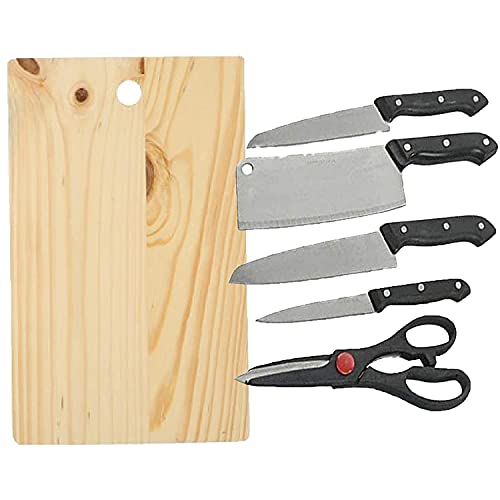 Image of Ronest Wooden Chopping Board with Knife Set and Scissor, 6 Piece Stainless Steel Kitchen Knife Knives Set with Knife Scissor, Knife Sets* (Wood)