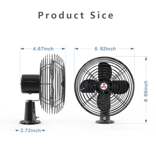 12 Volt Fan for Truck Cab, 2 Speed Switches, 6 Inch Heavy Duty Black Metal, Cigarette Lighter Fan for Truck with Ventilate Function, for Use on Truck or Camping(Cord Length 6FT)