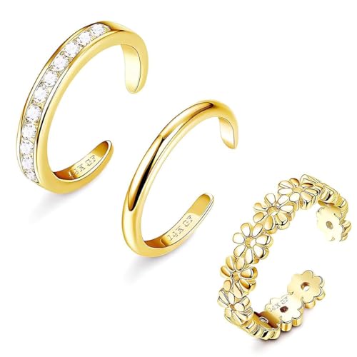 JUGUTA Bague De Pied Or Rempli 14K Réglable Pour Femmes, Anneau D'Orteil Ouvrable Classique Simple Avec Cz, Lot De 3 Pièces Bijoux Plage Étalon Or