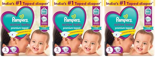 Image of Pampers Active baby Tape Style baby Diapers, Small (S), 22 pcs, 3-8kg, Adjustable Fit with 5 Star Skin Protection Diapers, 1 count (Pack of 3)