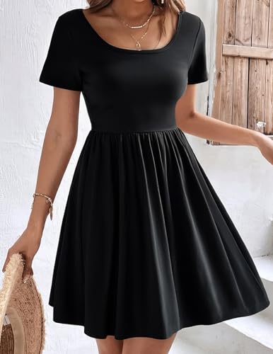 Image of Zeagoo Womens Casual Dress Floral Patchwork Summer Dress Square Neck Short Sleeve A Line Flowy Swing Mini Dress with Pockets