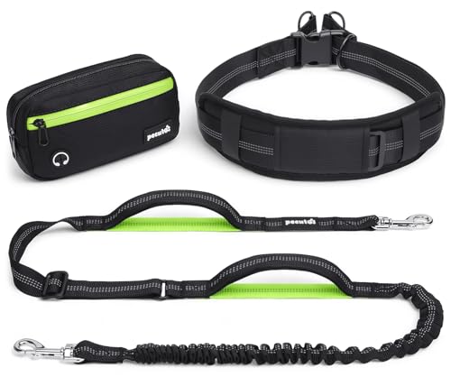 Pecute Laisse Main Libre Chien avec Sac Banane étanche Amovible, Ceinture Canicross Large avec Coussinets lombaires Extra-épais, Poignées Doubles...