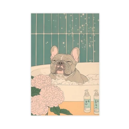 Poster bouledogue français Ukiyoe sur toile 61x91 cm pour déco de chambre