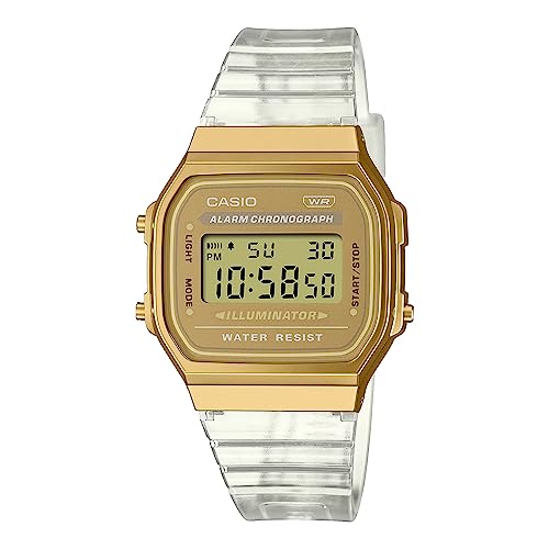 Casio A168XESG-9AVT Unisex Vintage Transparent Band Gold Tone Alarm Chronograph Illuminator Digital Watch, gold, gold, bracelet