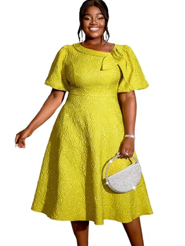 Image of AOMEI Women's Irregular Neck with Flower Short Puff Sleeve High Waist A-Line Jacquard Dress
