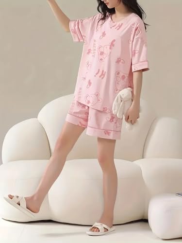 Image of Louis Luxe Womens Korean Night Dress || Short Pyjama Set || Korean Nightsuit || Women Nightwear ||Round Neck Short Sleeve Nightsuit || Loungewear || Everyday Nightdress (ND-01)