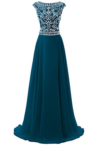 Women's Long Chiffon Bridesmaid Dress Cap Sleeves Beaded Prom Eveing Gown - Teal - 6
