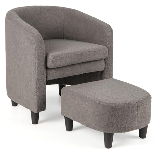 COSTWAY Sessel mit Fußhocker, gepolsterter Clubsessel mit Massivholzrahmen & rutschfesten Filzpolstern, Akzentstuhl Relaxsessel für Wohnzimmer, Schlafzimmer (Grau)