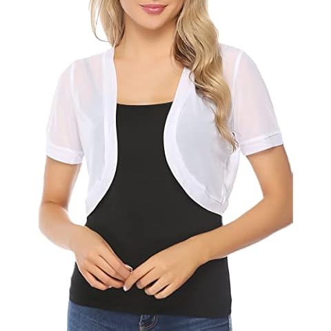 Aiboria Women Short Sleeve Sheer Mesh Shrugs Open Front Bolero Cardigan White Cover