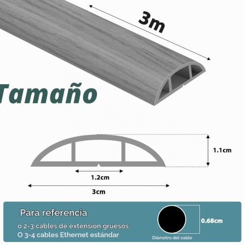 Miniatura 2 de Canaletas Para Cables Adhesiva Canaleta Pasacables Para Suelo Cubiertas De Suelo Para Cables Pasacables De Pvc 3m 3cm, Grano De Madera Gris Claro