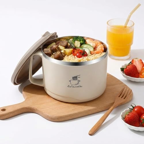 1700ml Heat-Insulated 304 Stainless Steel Ramen Bowl with Phone Holder Lid – BPA-Free, Portable Lunch Bowl for Camping, RV, Hiking, Office & Travel (Beige) image 4