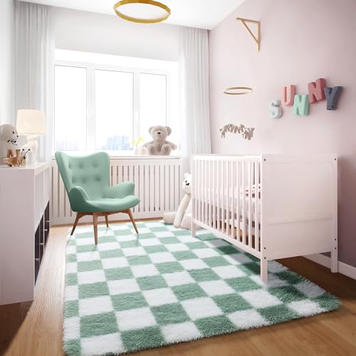 Image of KICMOR 4x6 Rug for Bedroom Living Room, Fluffy Sage Green and White Checkered Area Rugs, Fuzzy Shag Shaggy Floor Carpet Soft Plush Checkerboard Rug for Children Kids Boys Room, Nursery, Classroom
