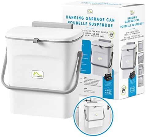 Home Spirit Hanging Compost Bin – 9L/2.4 Gal Hanging Over Cabinet Door Trash Can with Handle and Lid – Countertop Food Waste Solution – Built-in Scraper – Wall Mountable