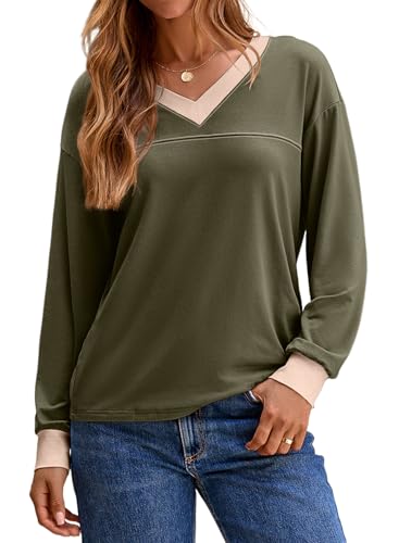 Dokotoo Womens Long Sleeve Shirts Casual V Neck Oversized Shirts Basic Tees Fall Clothes Fashion Outfits 2025
