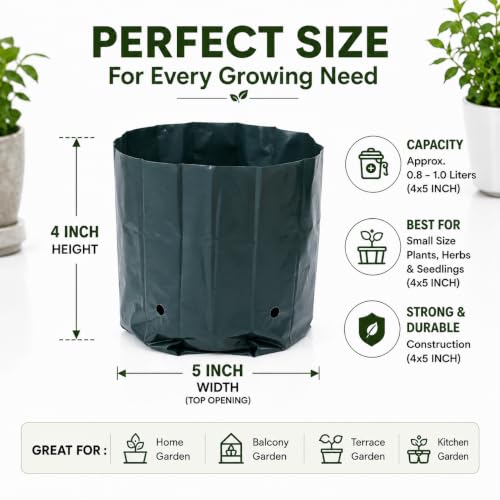 Image of Go Garden Grow Bags for Plants 4 x 5 Inch (Pack of 500) | UV Protected Plastic Nursery Bags for Seedlings, Vegetable, Flower & Sapling Plants | Heavy Duty Black Poly Grow Bags