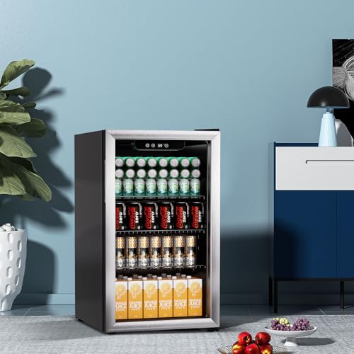 Image of Erivess Compact Beverage Refrigerator, 110 Can /3.1 Cu Ft Mini Fridge,Silver | Adjustable Shelves & Digital Display Small Refrigerator for Soda, Under Counter Freestanding Glass Door Mini Cooler for Home