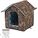 Katzenhaus Outdoor, Katzenhöhle für Draußen, Katzenhaus Für Draußen Winterfest Wasserdicht, Welpenhütte im Freien, Mit abnehmbarem Transparentem Vorhang (M, Braun)