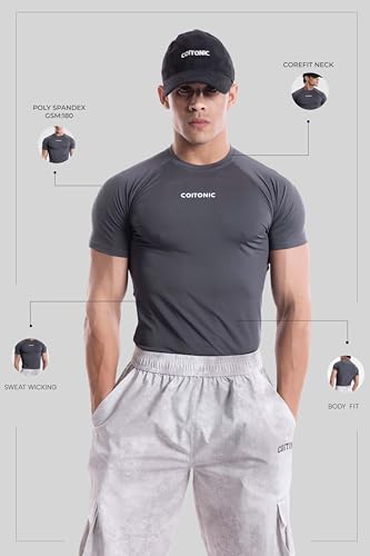 Image of COITONIC Men's Half Sleeve Compression T-Shirt - Athletic Base Layer for Gym, Sports & Fitness Training