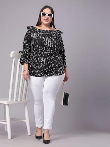 Image of Style Quotient Women Black & White Polk Dot Print Bardot Plus Size Top