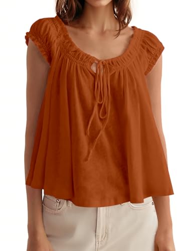 Image of Tankaneo Women Summer Tie Front Tank Tops Cap Sleeve Pleated Babydoll Tops Casual Loose Fit Going Out Flowy Shirt