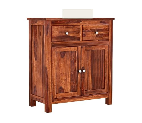 Image of Solid Sheesham Wood Wooden Sideboard Storage Cabinet : Ideal for Living Room and Bedroom with 2 Drawers and 2-Shelf Storage (Clovis, Honey Finish)
