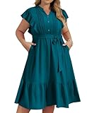 Damen Midikleid mit V Ausschnitt und Knopfleiste Übergröße Rüschenärmel lässiges Kleid für Damen einfarbig süßes A Linien Kleid mit Belt Pfauenblau 50
