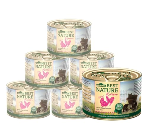 Dehner Best Nature Katzenfutter Kitten, Nassfutter, für junge Katzen, Geflügelherzen / Reis 6 x 200 g Dose (1.2 kg)