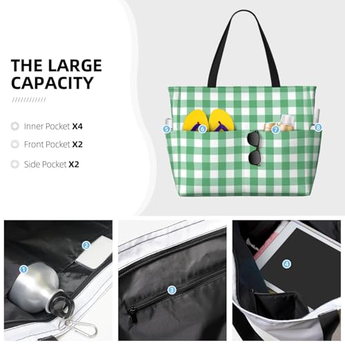 Waterproof Sandproof Beach Bag Gingham White Green Plaids Checkered Swim Large Tote Pool Bag For Women With Zipper2