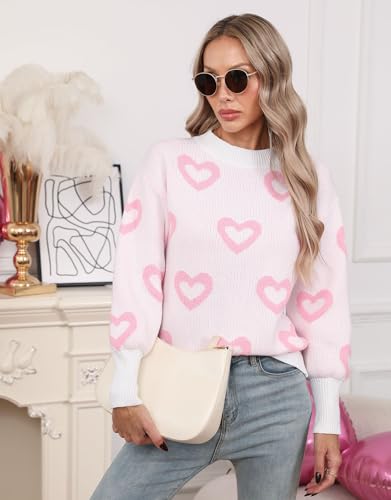 Image of Women's Long Sleeve Mock Neck Sweaters Loose Cute Heart Pullover Sweater