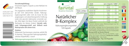Fairvital | Vitamin B Komplex - natürlich aus Hefe - alle 8 B-Vitamine (B1, B2, B3, B5, B6, B7, B9, B12) - VEGAN - 120 Kapseln - schluckfreundlich - mit Cholin und Inositol