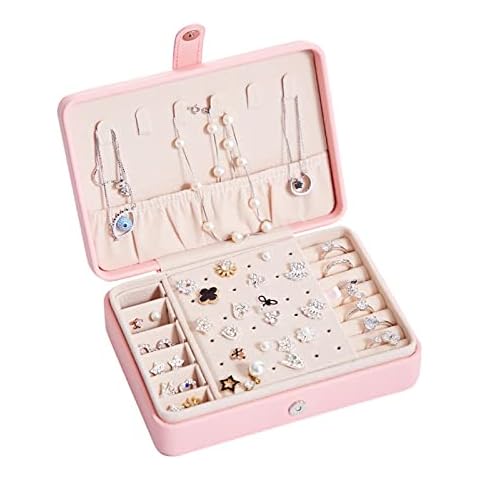 HMBSTST Small Travel Jewelry Case for Women Girls, Mini Faux Leather Portable Jewellery Storage Boxes Display Holder with Smart Earrings Plate for Necklace Bracelets, Pink Cover