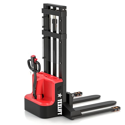 TEXLIFT Full Electric Forklift Walkie Pallet Stacker with Fixed Straddle Legs and Adjustable Forks 5.50 Inch to 27 Inch – Material Lifter 3300lbs Capacity 98 Inch Lifting Heights