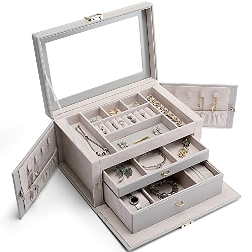 Large Jewelry Box with Glass Lid, 3 Layer Women Girls Jewelry Organizer Case with 2 Drawers, PU Leather Jewelry Storage for Necklace Earrings Ring Bracelet Watch with Lock, Christmas Vintage Birthday Gift, Grey