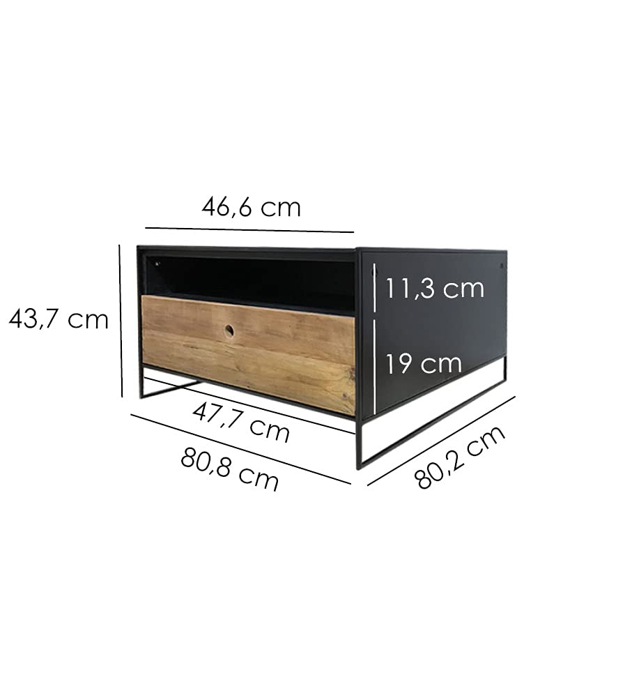 Muebletmoi - Mesa baja contemporánea de 80 cm con metal y pino reciclado con un cajón de almacenamiento, colección Chalet