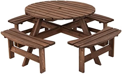 Giantex Wooden Picnic Table Set with Wood Bench, 4 Adults or 8 Kids Outdoor Round Table with Umbrella Hold Design, Perfect for Outdoor Garden Yard Pub Beer Dining, Dark Brown