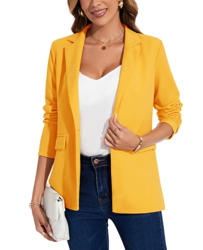 MINTLIMIT Blazers for Women Notched Lapel Long Sleeve Button Front Jacket Suits with Pockets Outerwear, Yellow, XL4