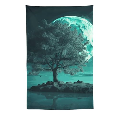 Grande toile suspendre arbre bleu sarcelle au clair de lune en tissu lavable anti-plis