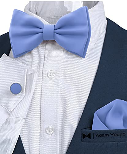 Image of Adam Young Men's Bow Ties with Handkerchief & Cufflinks Pre-Tied Style Formal Satin Classic Bowtie for Tuxedo Faux Silk