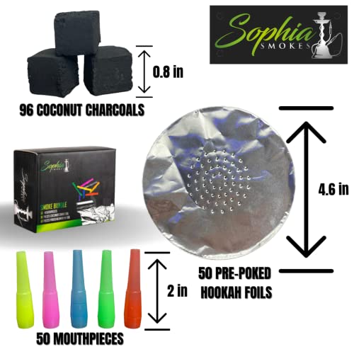 Hookah Accessories Set - Hookah Smoke Bundle By Sophia Smokes (Includes 50 Mouthpieces, 50 Sheets Of Poked Aluminium Foil And 96 Coconut Charcoals) #TOP1