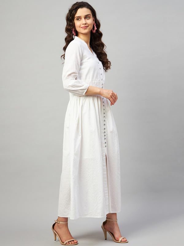 Image of Aaheli Women's Kanta Cotton Western Dress | Striped Long Flared Dress with V-Neck & Full Sleeves | Soft, Breathable Fabric | Casual, Office & Everyday Wear | OFFWHITE, 3XL