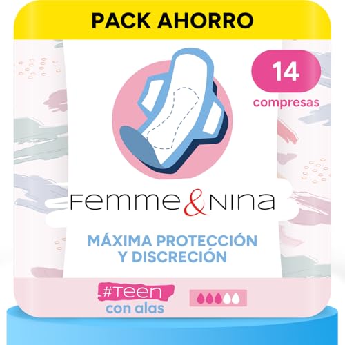 FEMME & NINA 14 Compresas con Alas para Adolescentes, Algodón con Tacto Suave para Extra Confort, Núcleo Altamente Absorbente, Máxima Protección, Ultra Finas, Cero Olor e Incomodidad, 1 Paquete