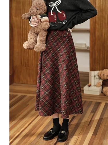 Women's Vintage Plaid Slimming A-Line Midi Skirts2