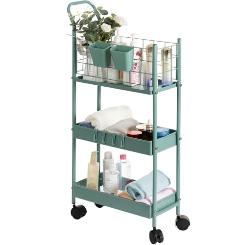 danpinera Storage Cart, 3 Tier Metal Narrow Storage Cart with Handle, Hooks and Hanging Cups, 7.7 Inches Wide, Green